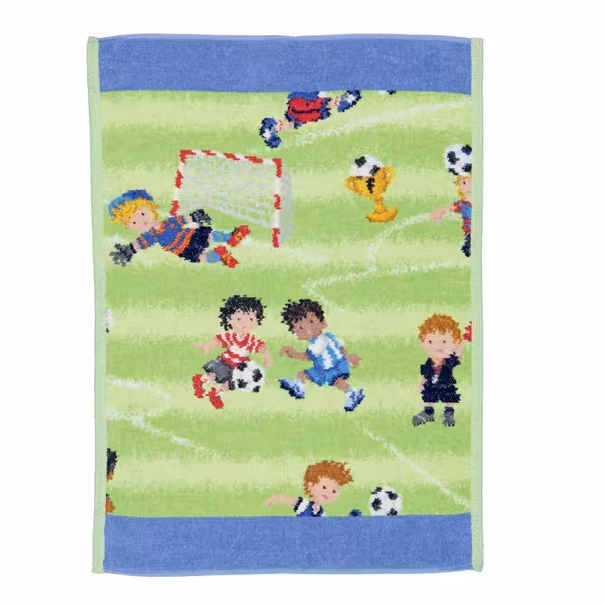 Chenilletuch Soccer grün und blau mit Fußballmotiv Draufsicht