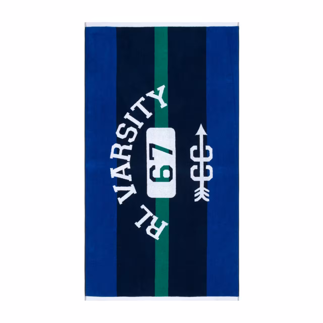 Strandtuch Bates blau, navy, grün, weiß mit Aufschrift Draufsicht
