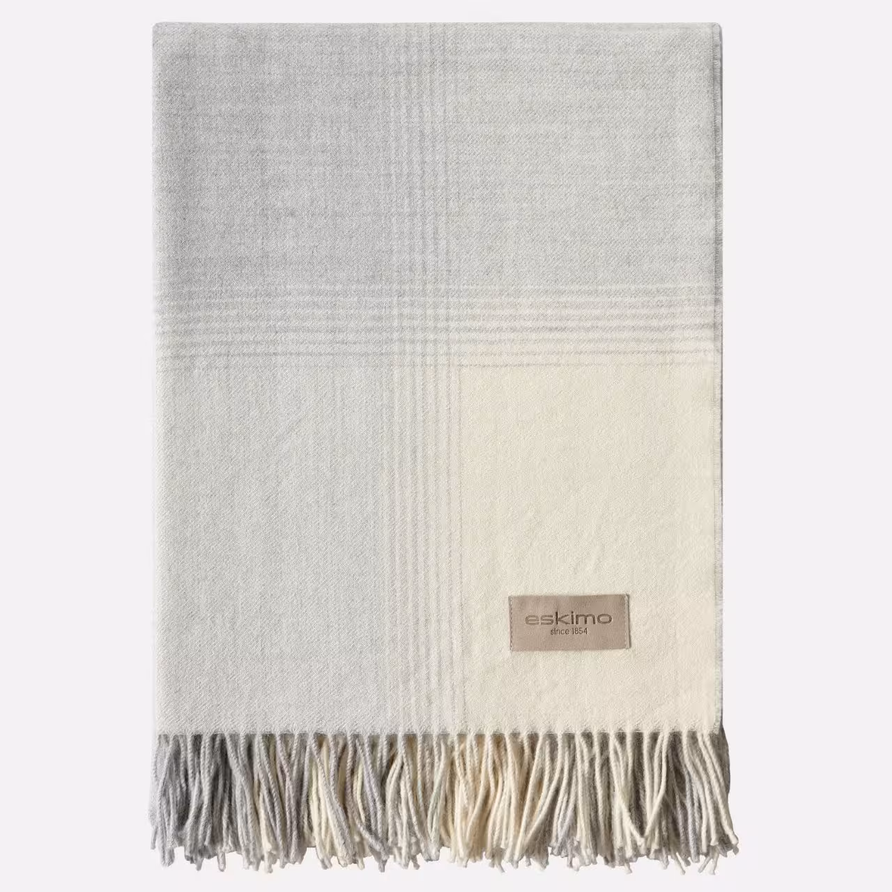 Wolldecke, Karomuster, Grau-Beige, Fransen, Gewebt, 