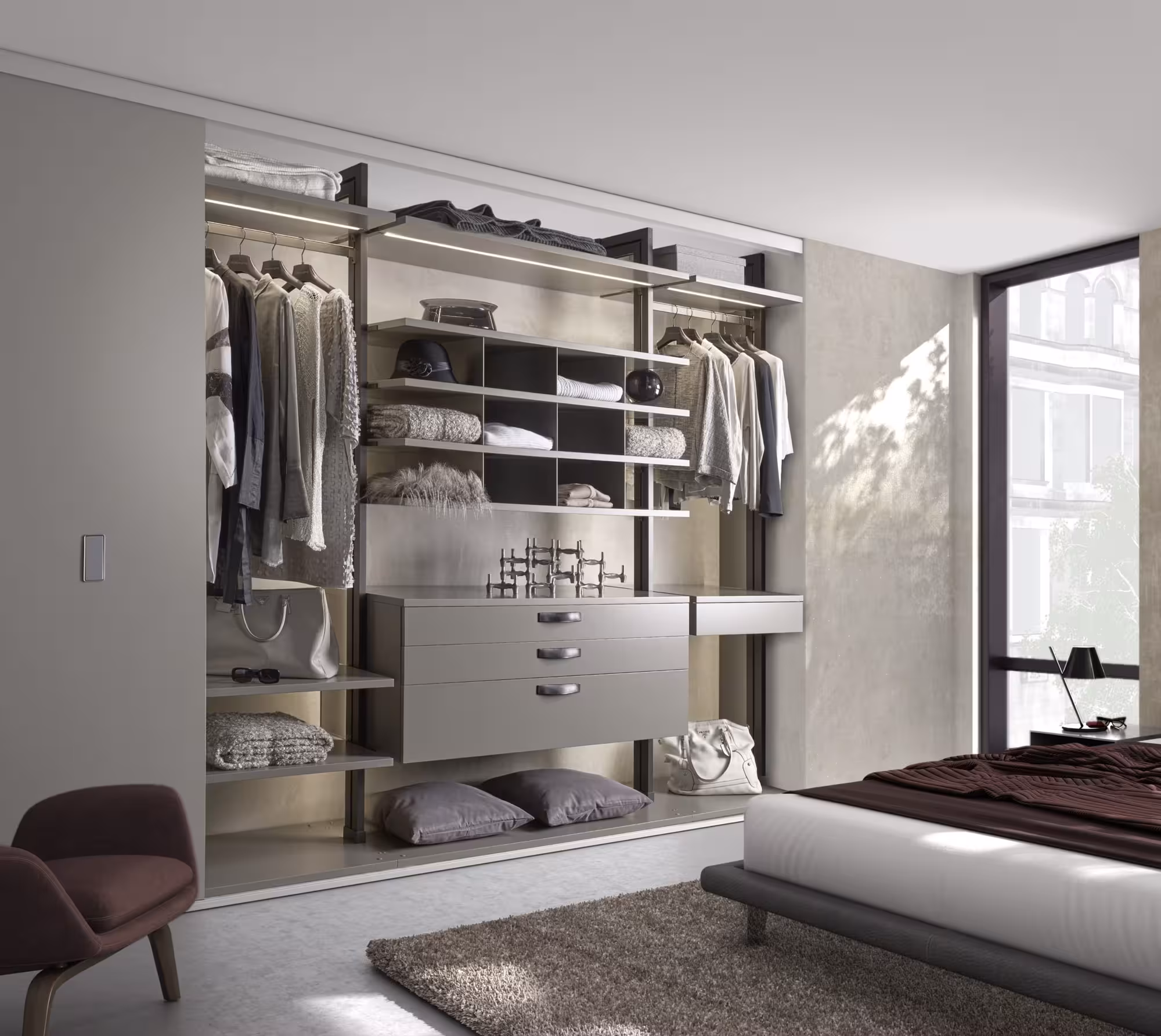 Regalsystem Centric grau Schlafzimmer Ambiente