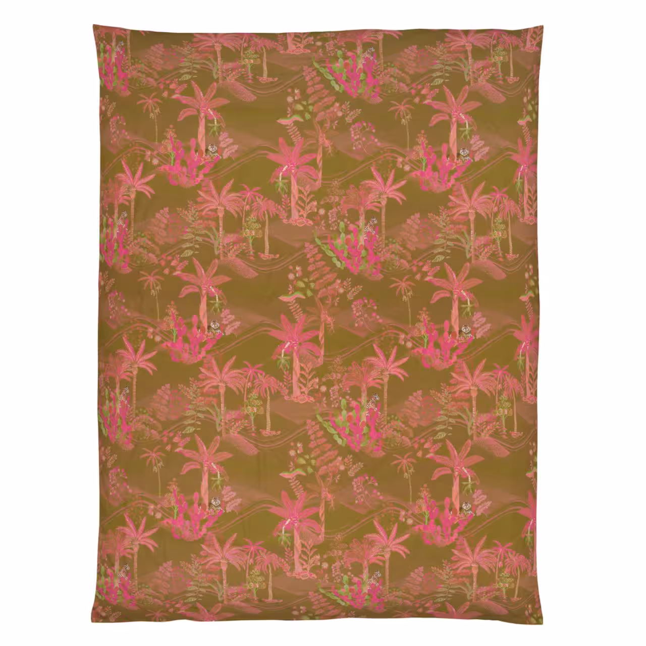 Teppich, tropisches Muster, Palmen, Rosé-Pink, dunkelgrün, Bettwäsche Oasis in senf/pink von Christian Fischbacher - Bettdeckenbezug