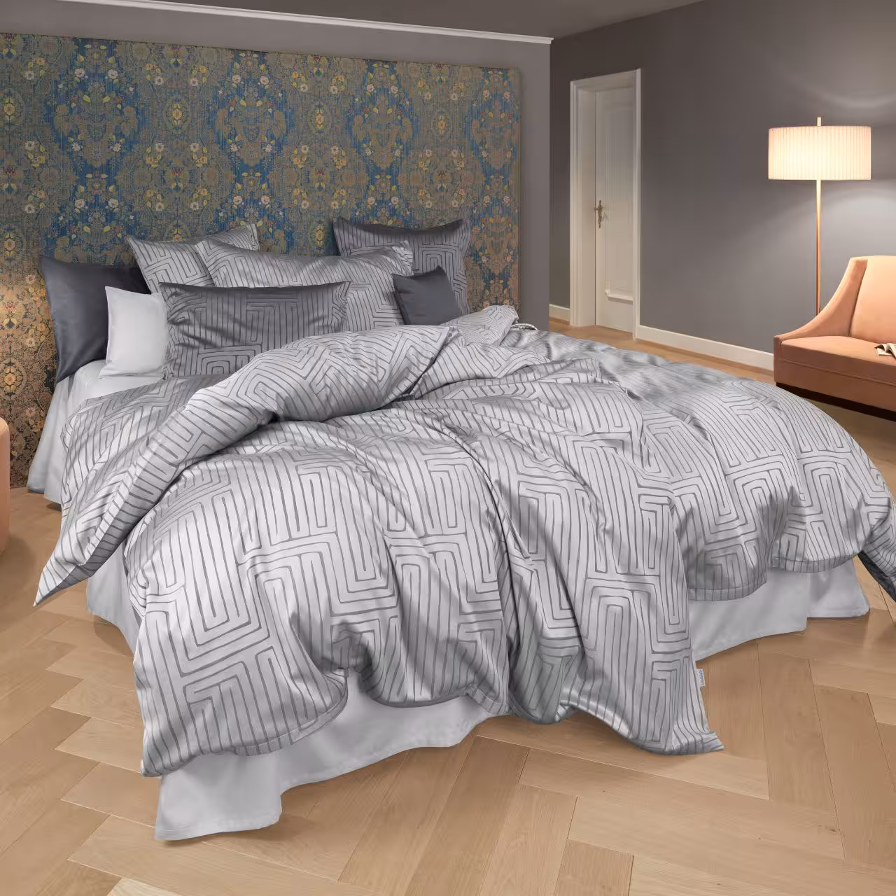 Bettwäsche Silas silbergrau grafisches Muster in Schlafzimmer