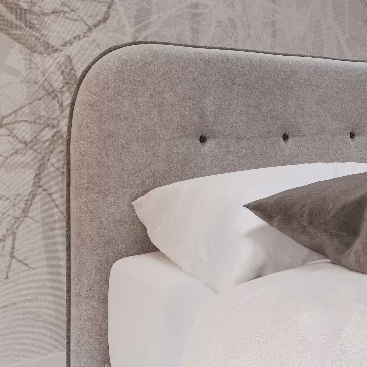 Bettenkopfteil Sence beige mit weißer Bettwäsche