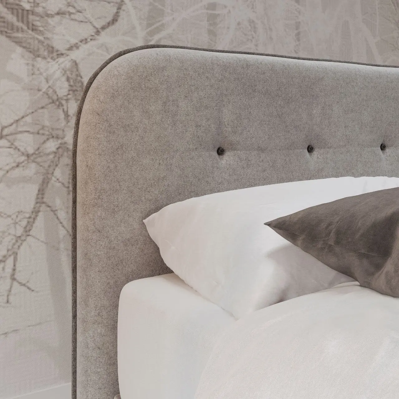 Bettenkopfteil Sence beige mit weißer Bettwäsche