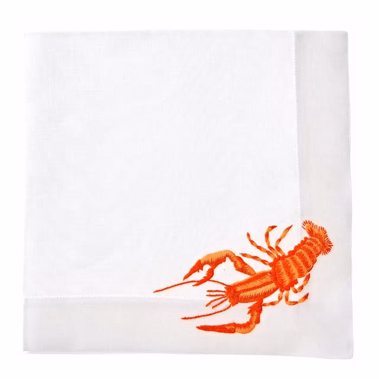 Serviette weiß mit orangener Stickerei Flusskrebs Detail
