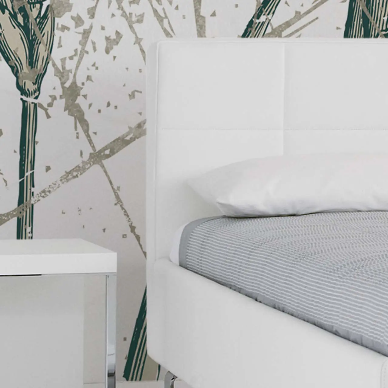 Polsterbett Rear weiß mit Chromfüßen in Schlafzimmer Detail Kofteil