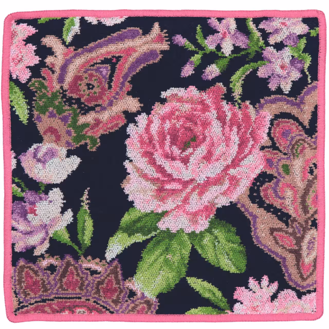 Chenilletuch schwarz mit rosa Blumenmuster quadratisch