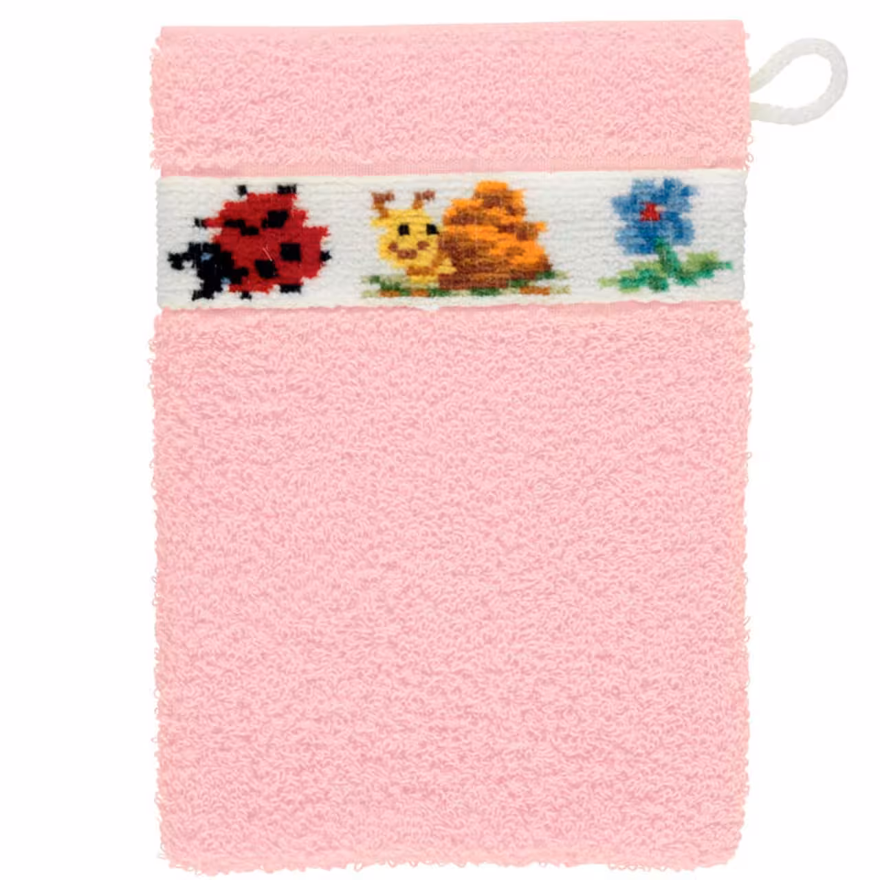 Waschhandschuh Pauli rosa mit bunter Chenilleborte mit Käfermotiv Draufsicht