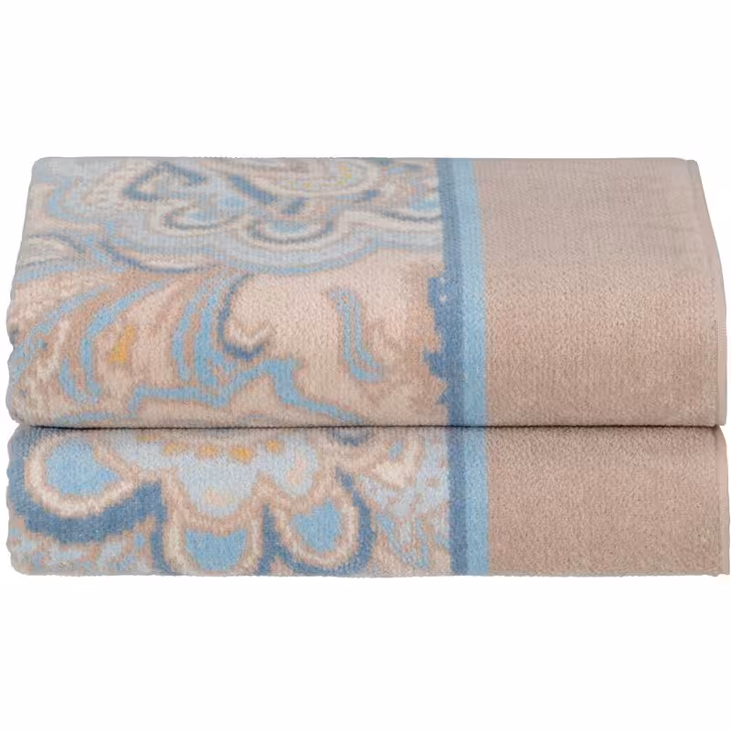 Chenilletuch beige mit blauem Paisley gefaltet