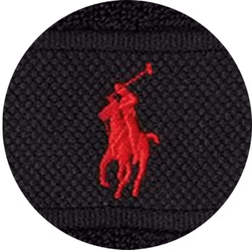 schwarzes Textil, Waffelstruktur, rote Stickerei, Reiterlogo, 