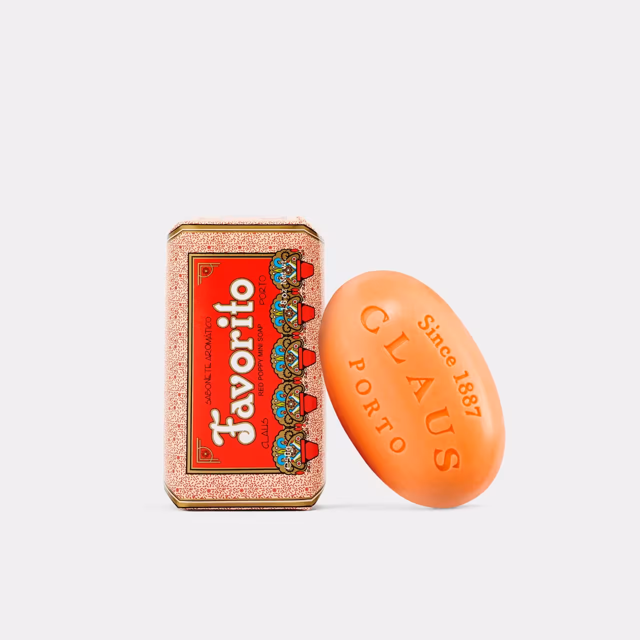 Seife Favorito Verpackung rot weiß gold mit Seifenstück in orange