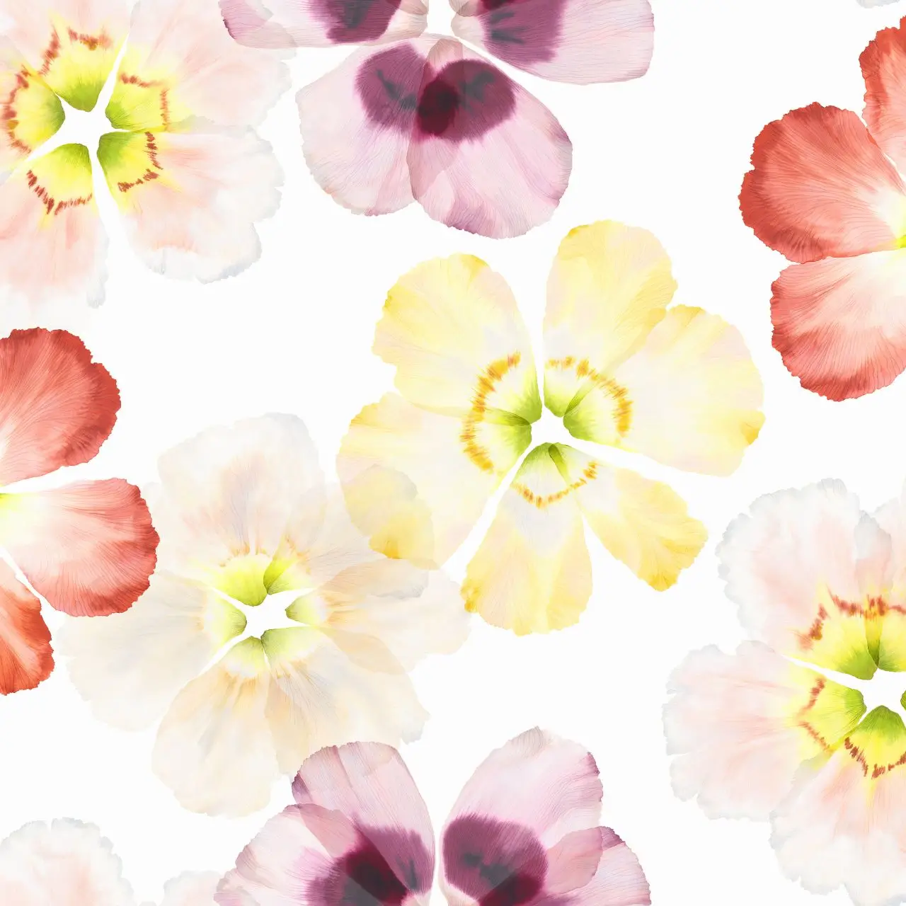 Stoffmuster Aurora weiß mit großen bunten Blumen