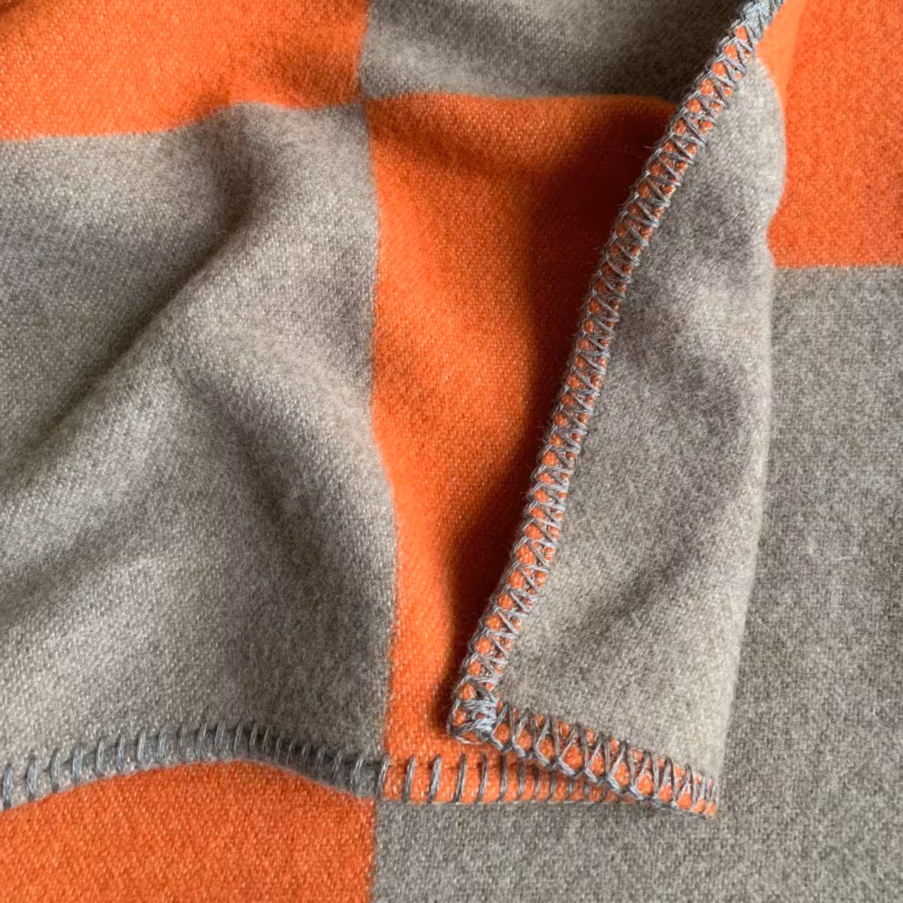 Fleece, Karomuster, Orange, Grau, Steppnaht, 