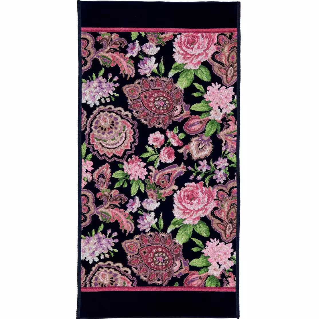 Chenilletuch schwarz mit rosa Blumenmuster rechteckig