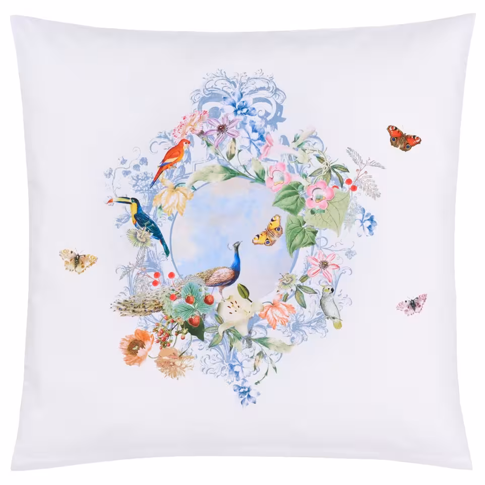 Kissen, Kissenbezug, Blumenkranz, Vögel, Schmetterlinge, Bettwäsche Peacock von Christian Fischbacher - Kopfkissenbezug Vorderseite