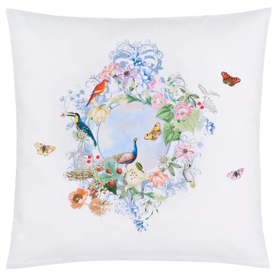 Kissen, Kissenbezug, Blumenkranz, Vögel, Schmetterlinge, Bettwäsche Peacock von Christian Fischbacher - Kopfkissenbezug Vorderseite