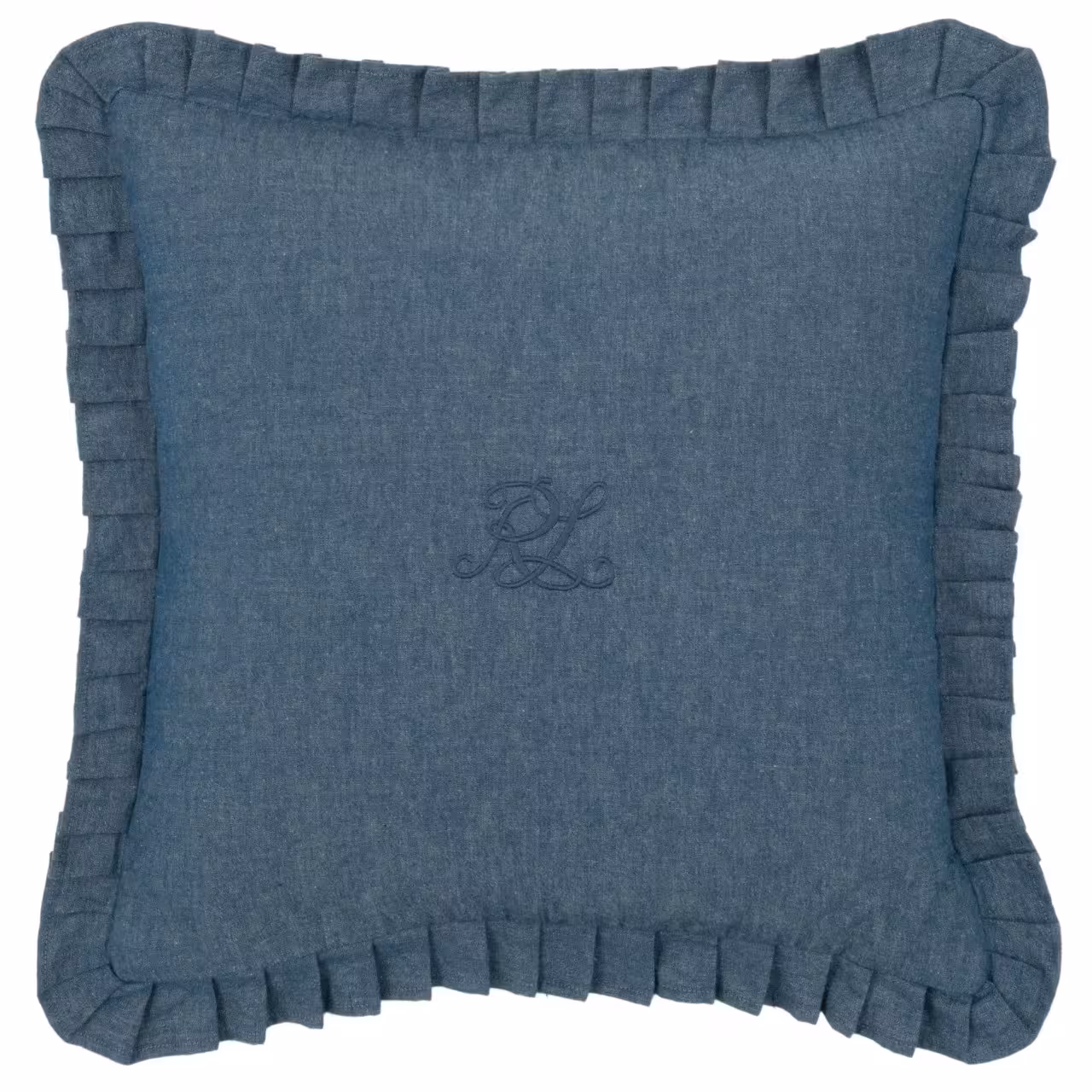 Dekokissen Margaret blau mit Monogramm und Rüschenrand Vorderseite