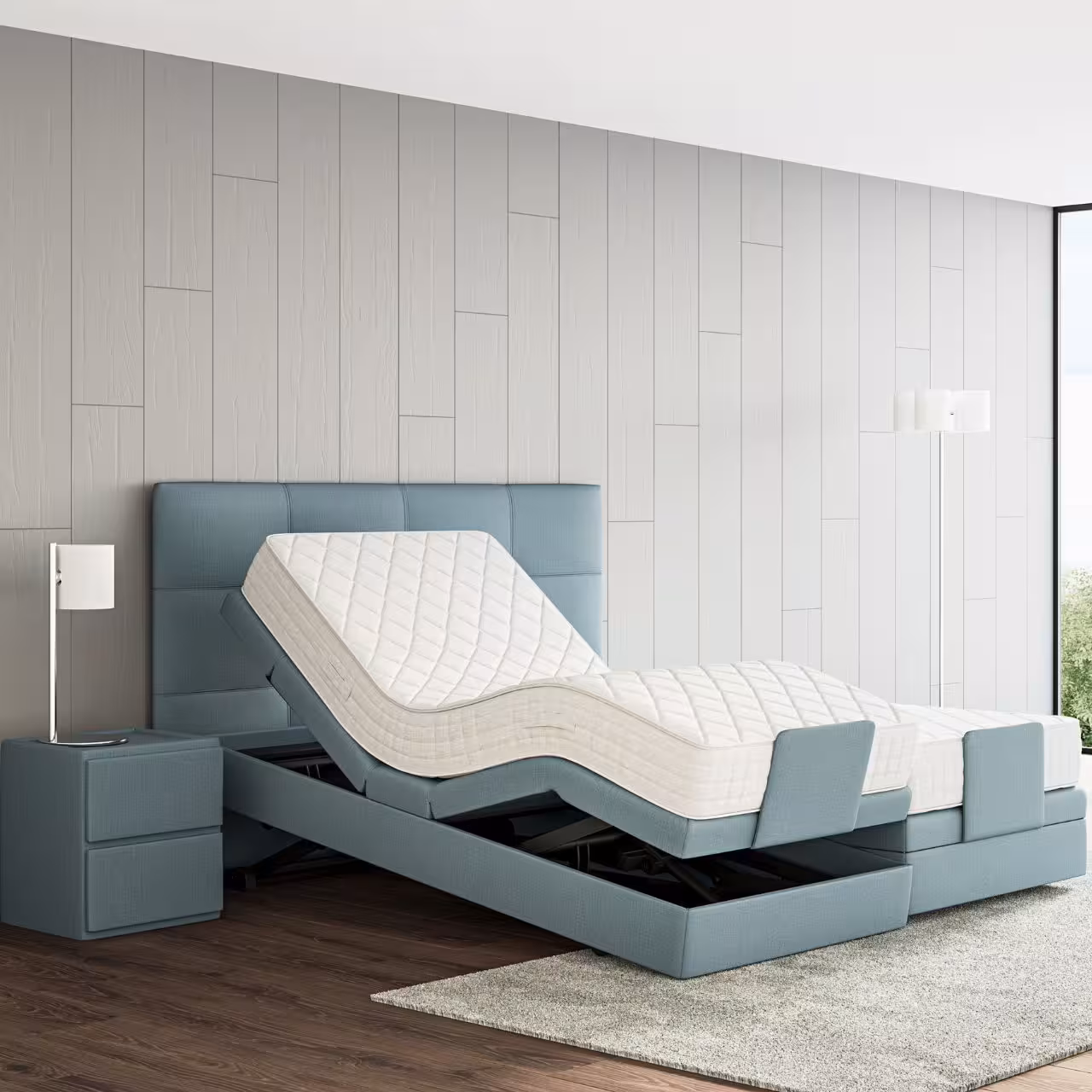 Polsterbett EOS Relax hellblau in Schlafzimmer hochgefahren