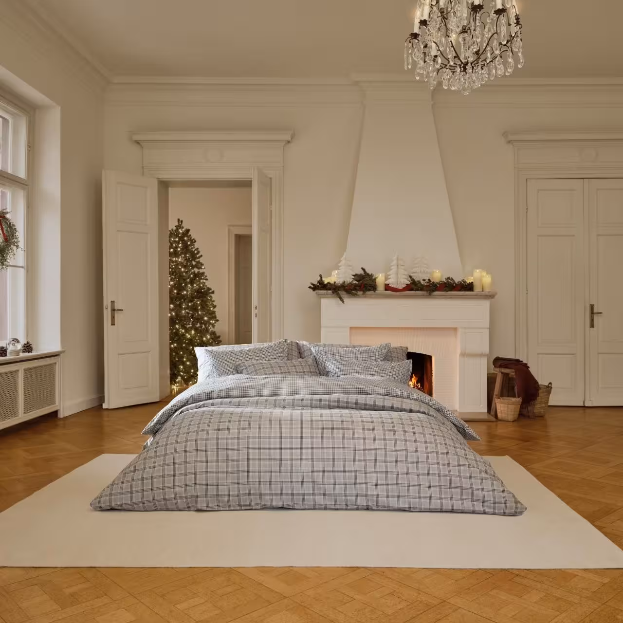 Bett, Bettdecke, Gittermuster, Karostreifen, Leinen, 
