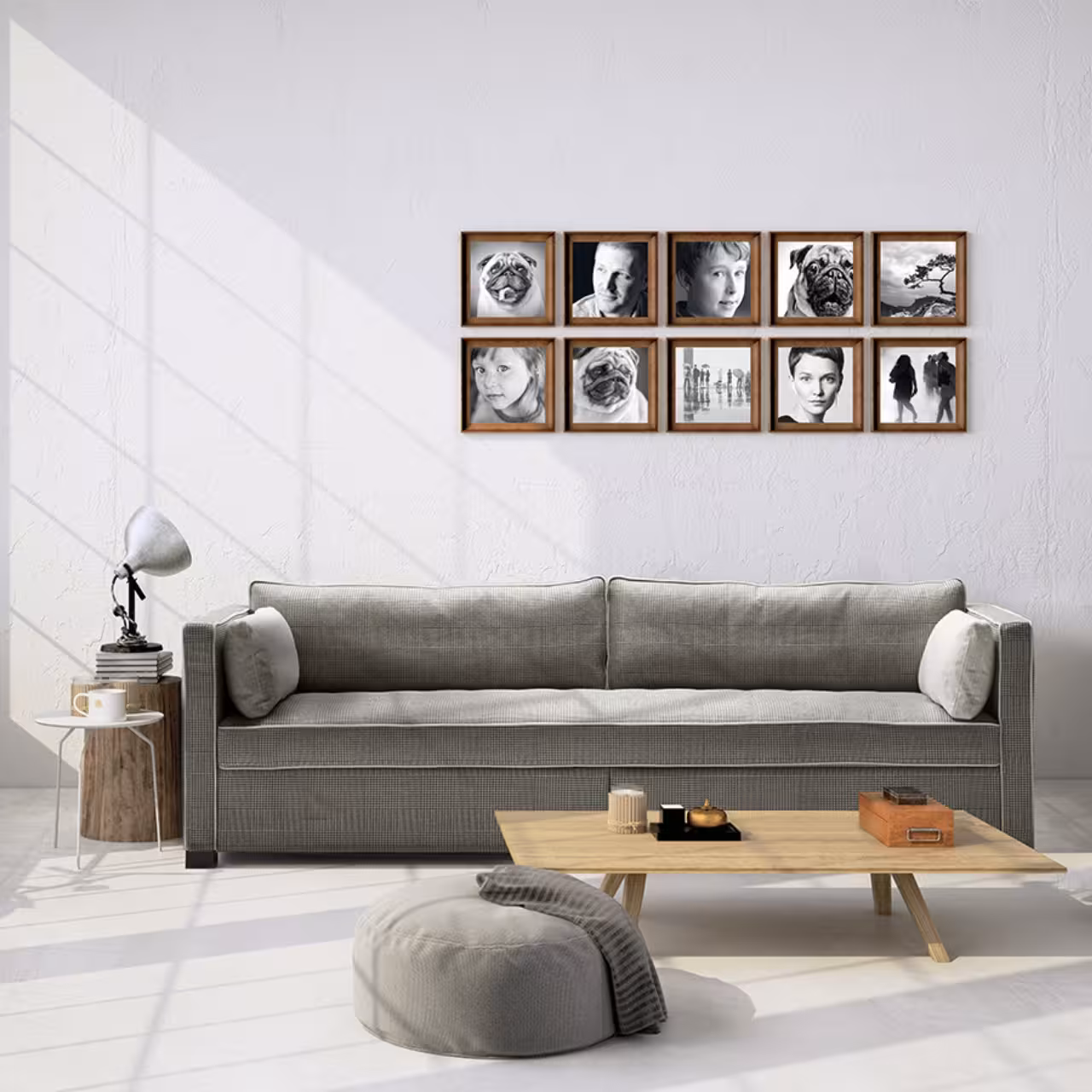 Sofa, Couch, Wohnzimmer, Gerahmte Fotos, Grau, 