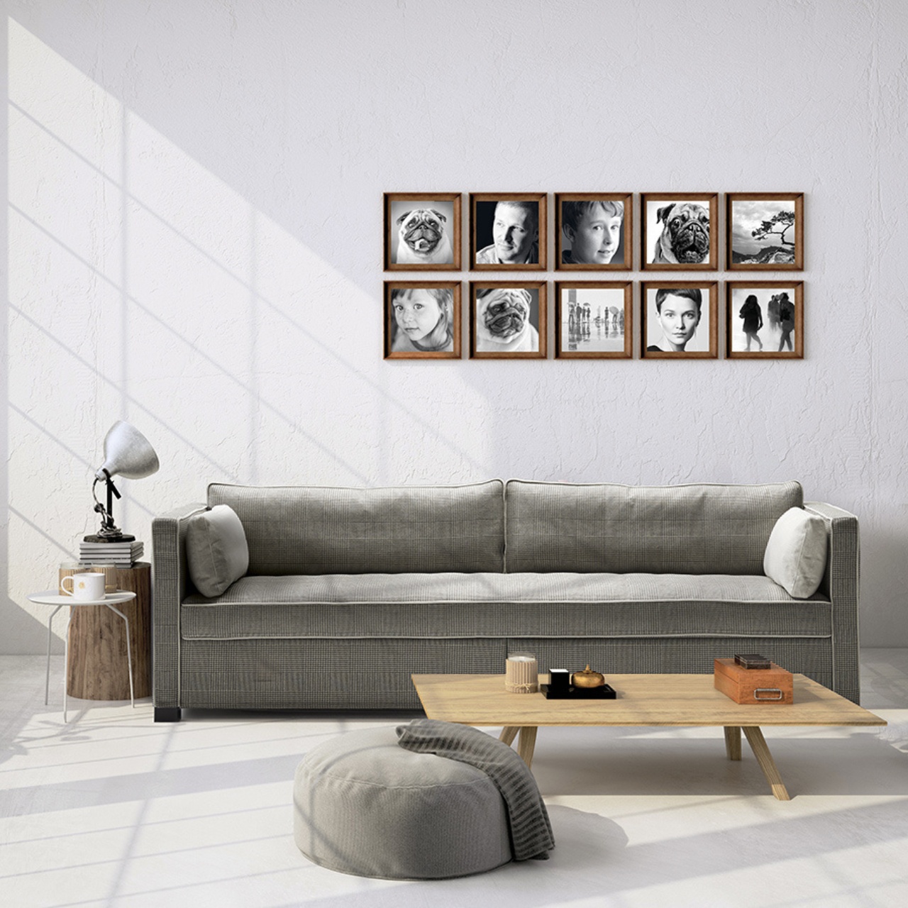 Sofa, Couch, Wohnzimmer, Gerahmte Fotos, Grau, 