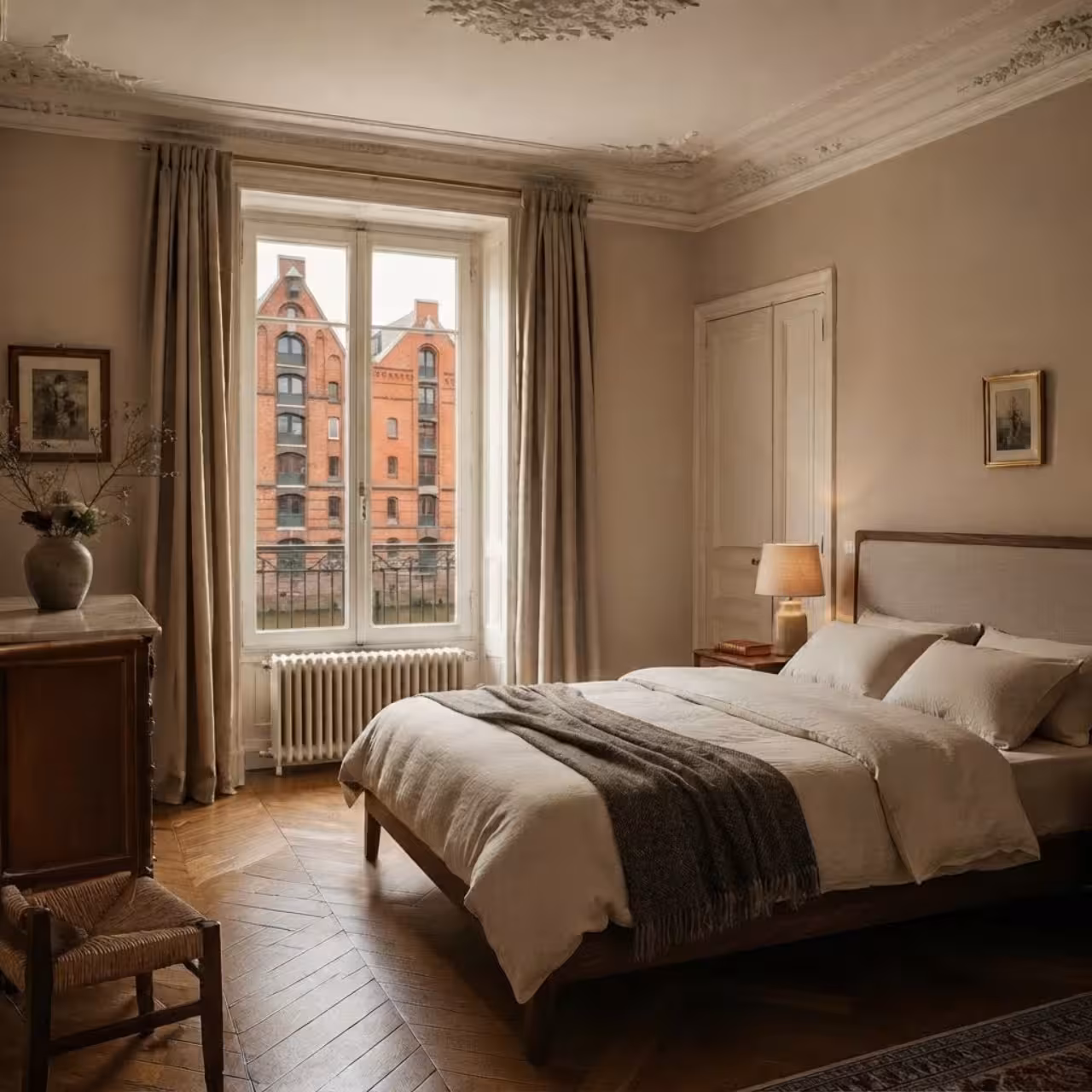 zimmer, bett, bettzimmer, paneel, neutrale farben, 