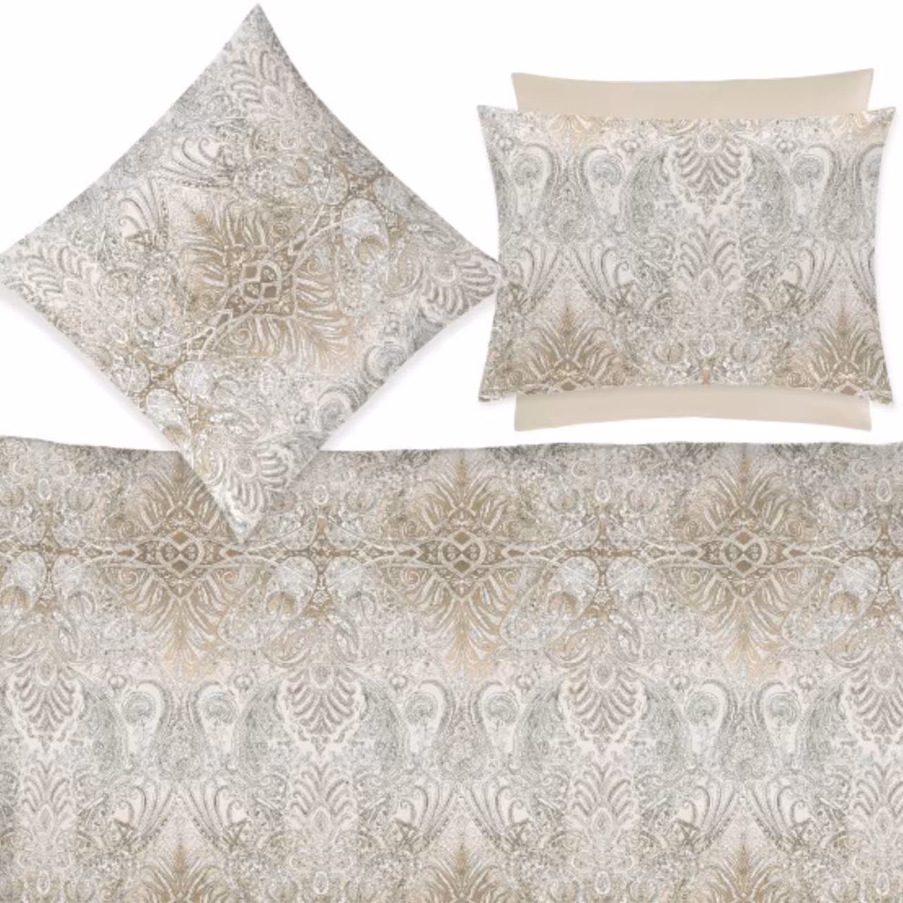 Kissenbezug, Bettwäsche, Damastmuster, Beige, Verschwommene Muster, Bettwäsche Garnitur Persian Nights weiß und gold Detail