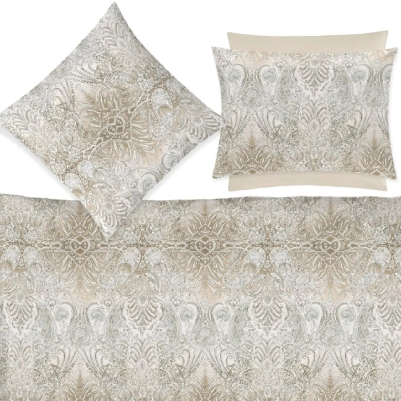 Kissenbezug, Bettwäsche, Damastmuster, Beige, Verschwommene Muster, Bettwäsche Garnitur Persian Nights weiß und gold Detail