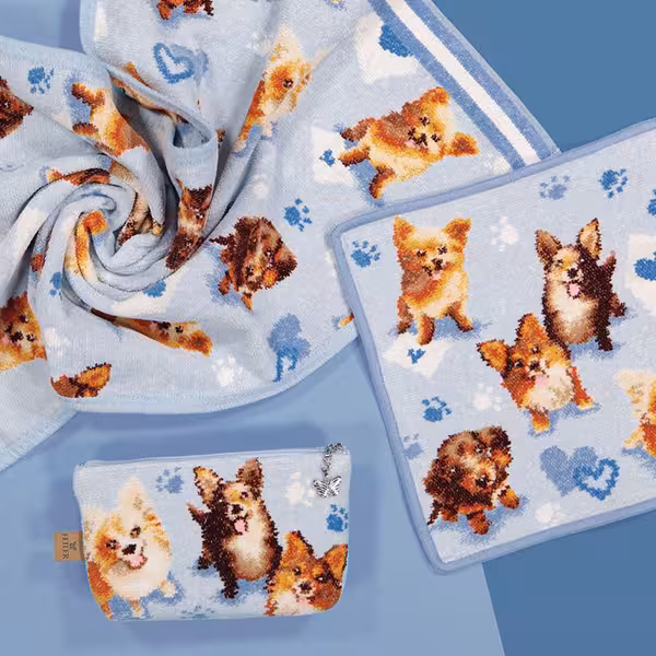 dog print, towel set, soft fleece, blue, patterned, 