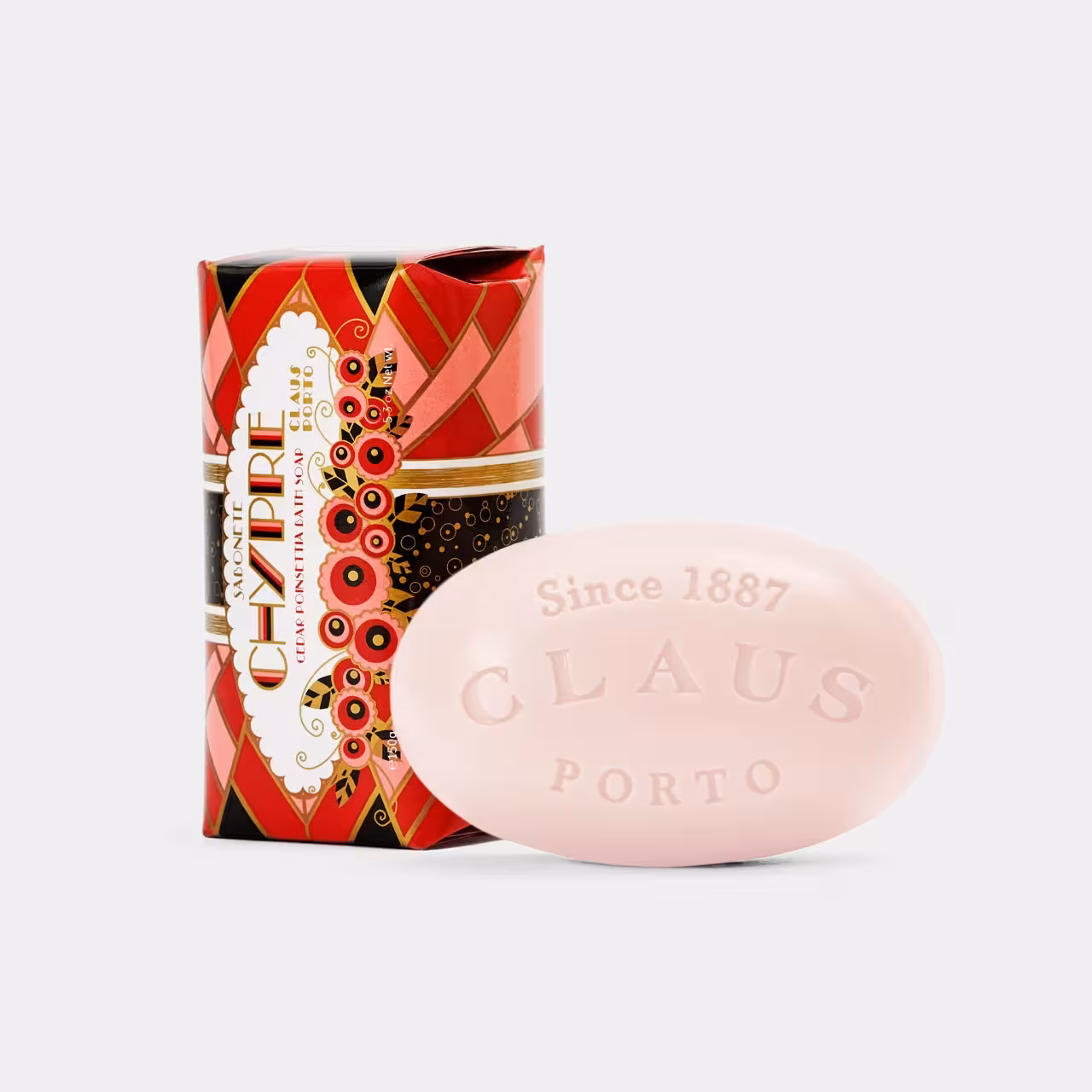 Seife Chypre Verpackung schwarz rot gold mit rosa Seifenstück
