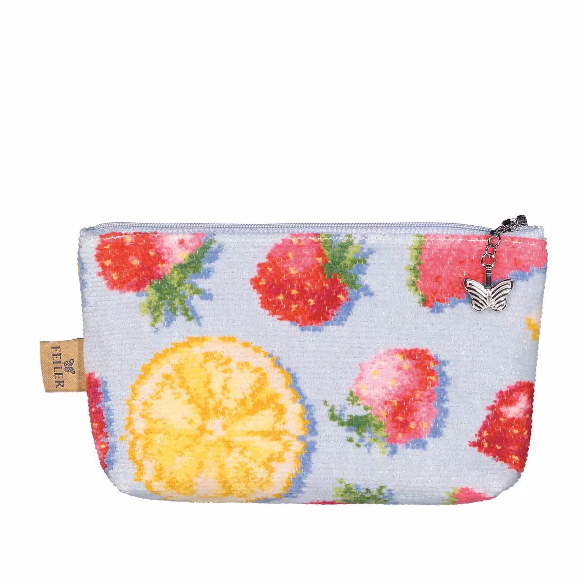 kosmetiktasche, tasche, fruchtmuster, blau, reissverschluss, 