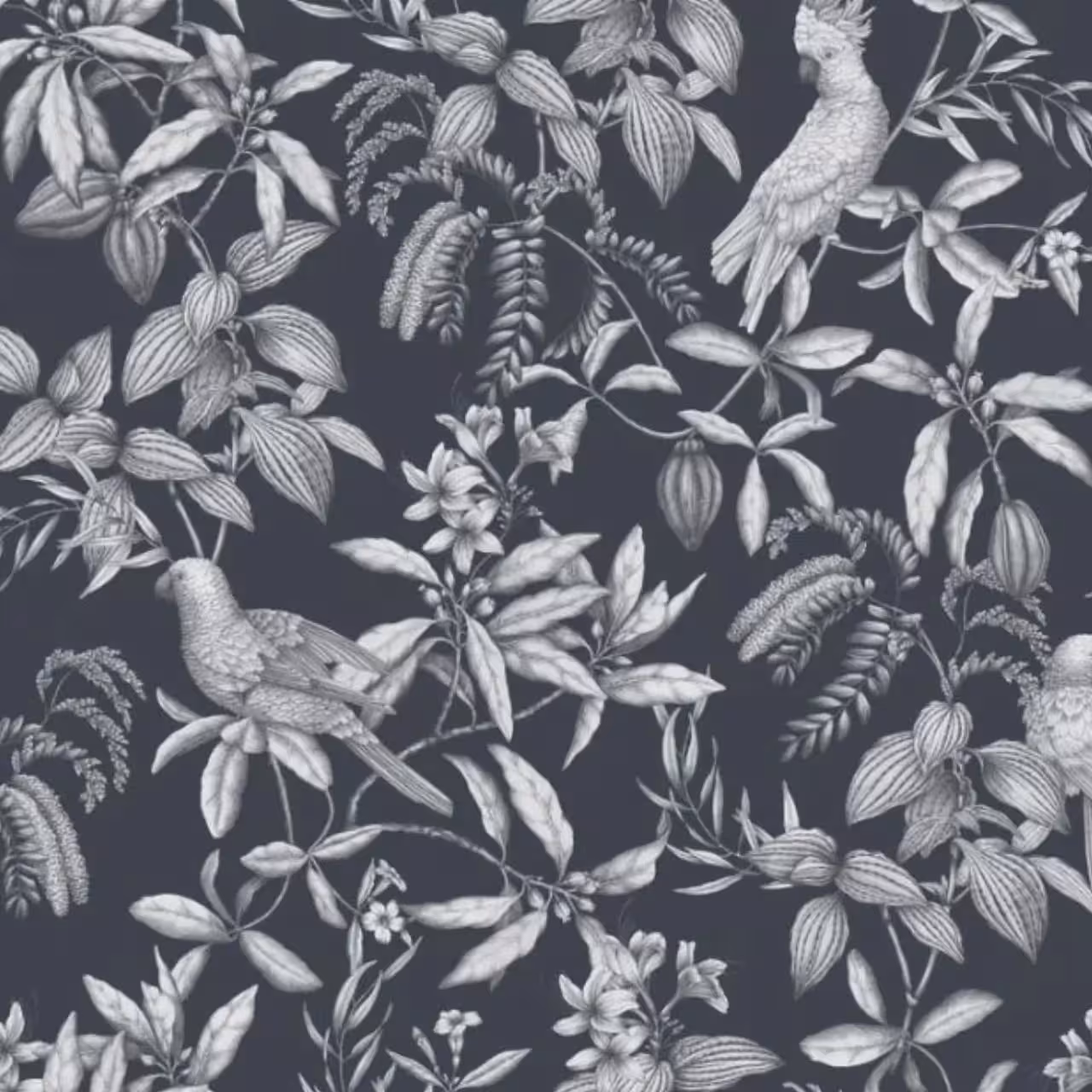 Farbmuster Calypso schwarz grau botanisches Muster
