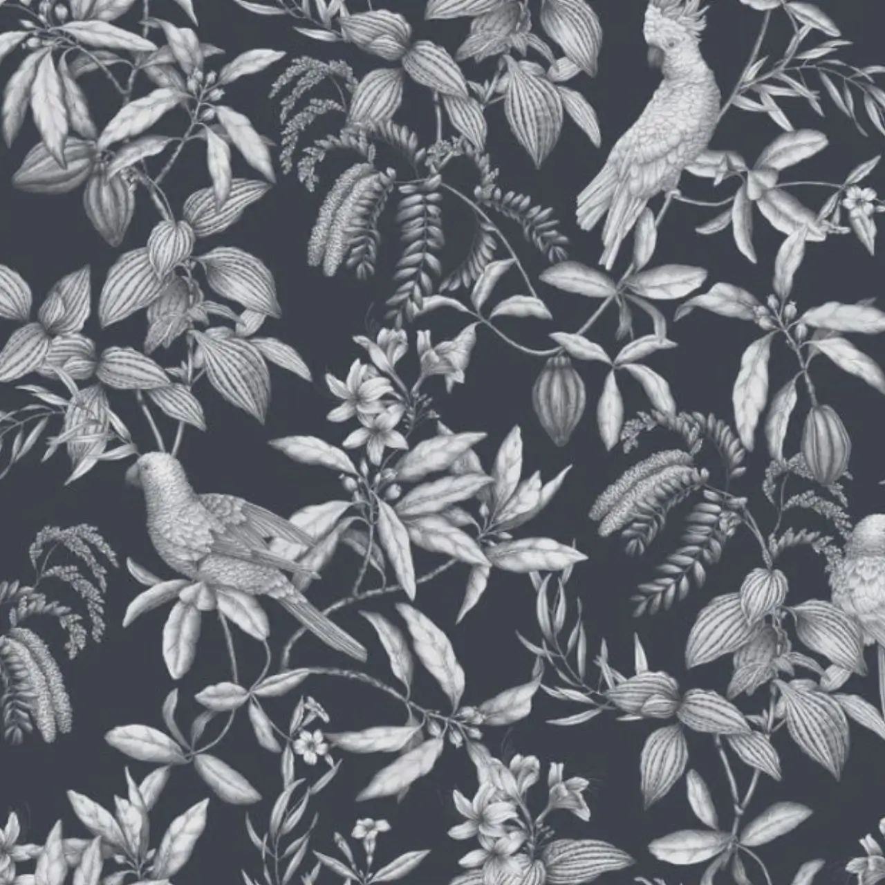 Farbmuster Calypso schwarz grau botanisches Muster