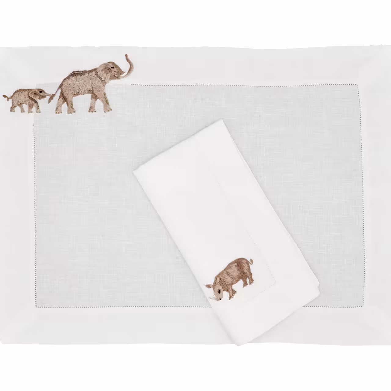 Tischwäsche-Serie Afrika Stickerei auf weiß Elefanten und Nashorn