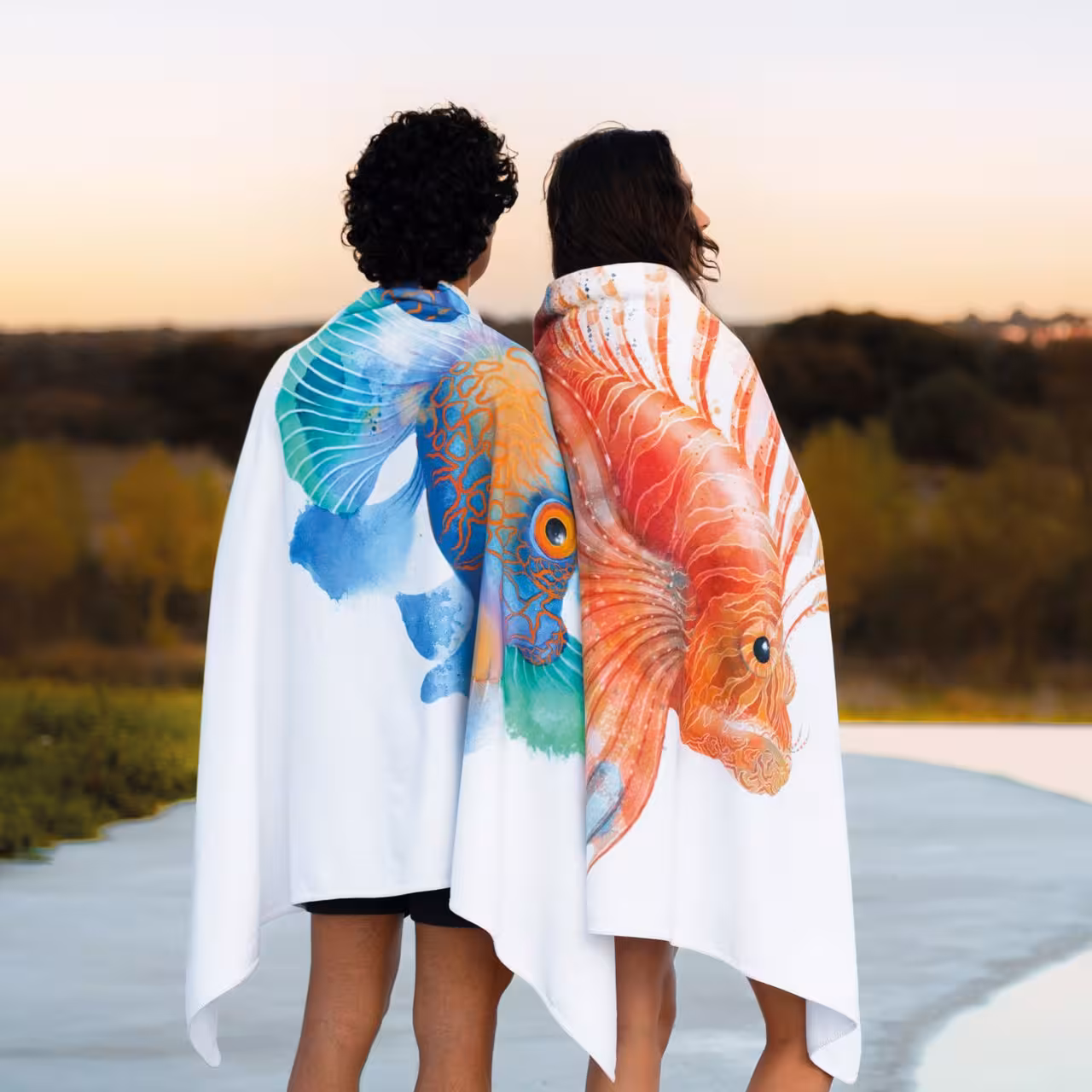 Tücher, Bademantel, Fisch Muster, Sonnenuntergang, Beach Accessory, 
