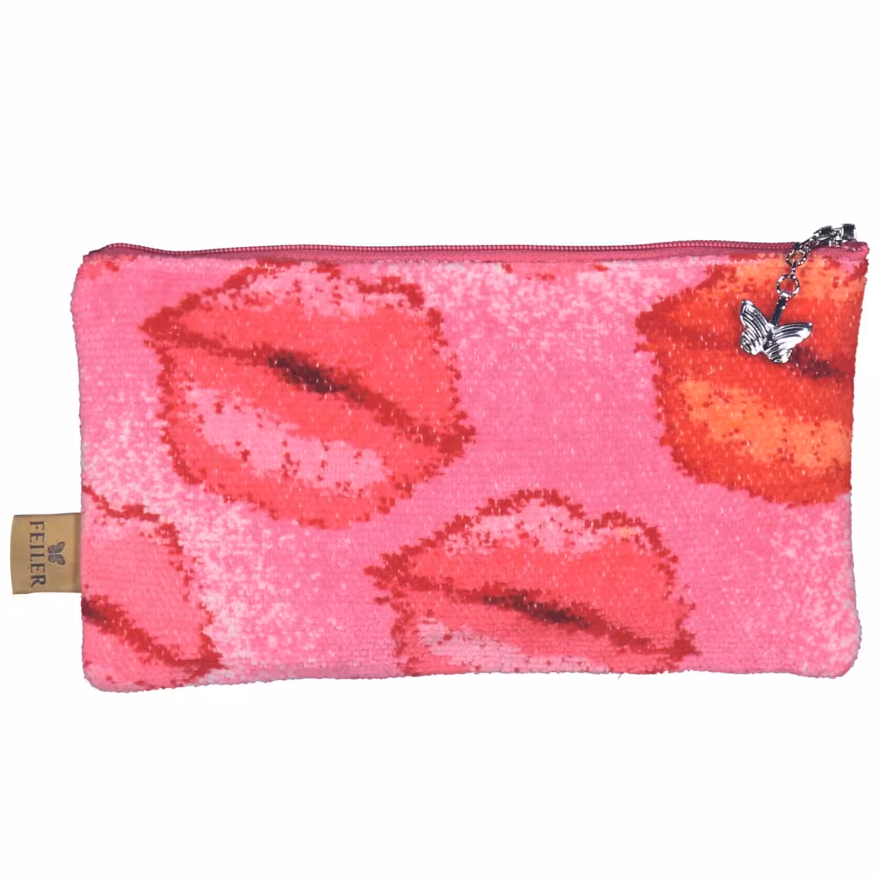 Kosmetiktasche aus Chenilletuch Kiss Me pink und rot rechteckig mit Kussmundmotiv