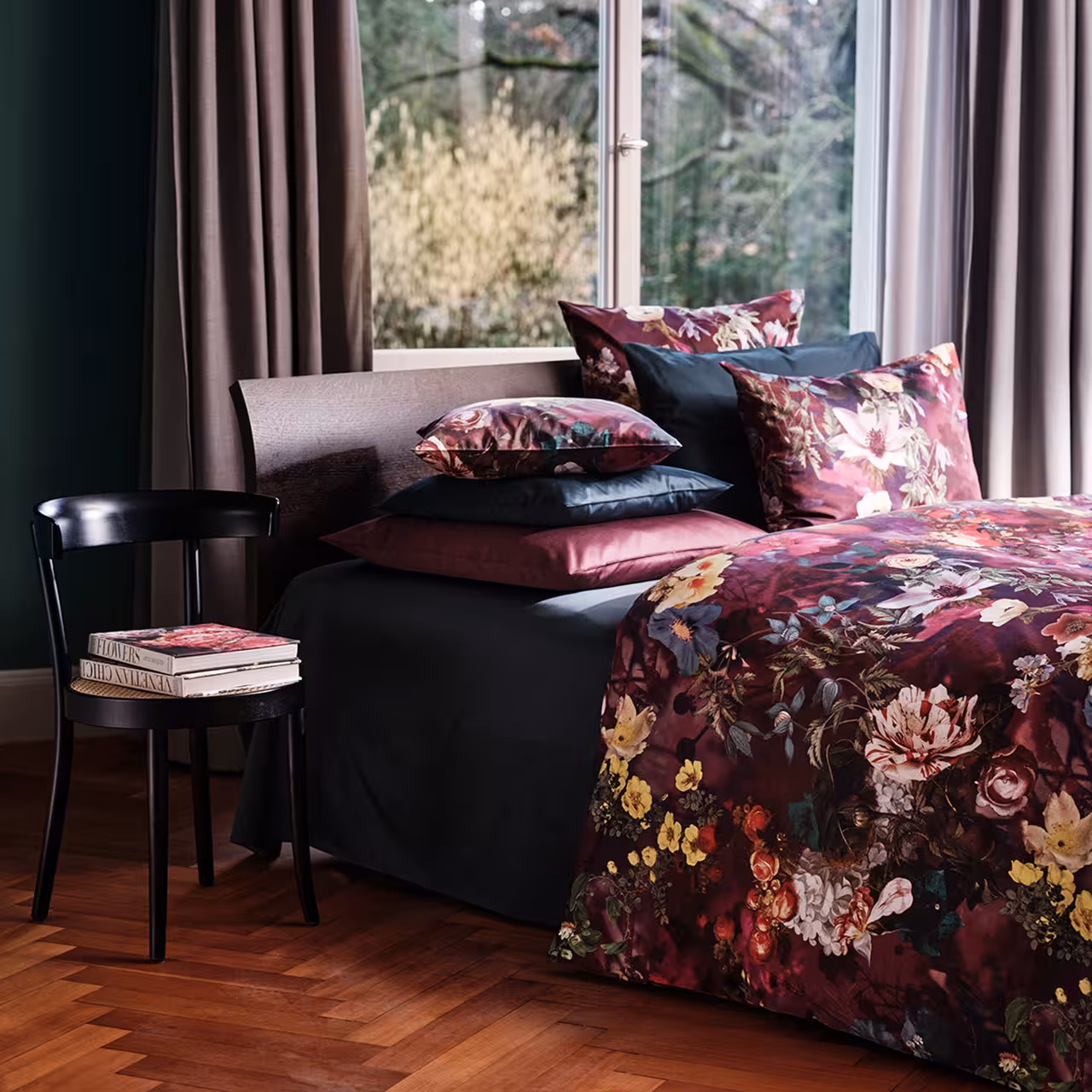 bettwäsche, duvet-cover, blumenmuster, burgunder, kissenbezüge, 