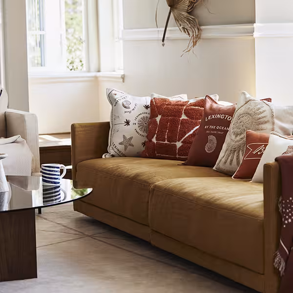 sofa, kissen, wohnzimmer, braun, textilien, Kissen auf Sofa mit Couchtisch
