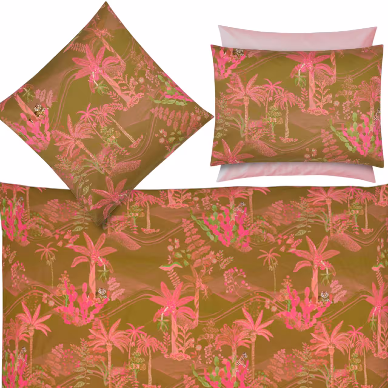 Bettbezug, Kissenbezug, Tropical Muster, Palmen, Pink Akzente, Bettwäsche Oasis in senf/pink von Christian Fischbacher - Garnitur