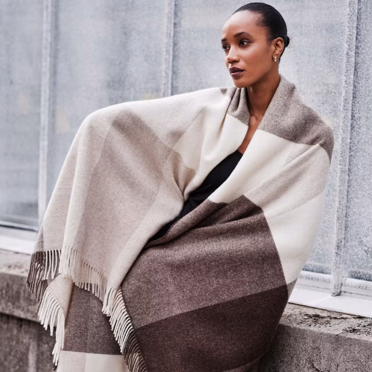 Schal, Poncho, Streifen, Wolle, Beige-Schwarz, 
