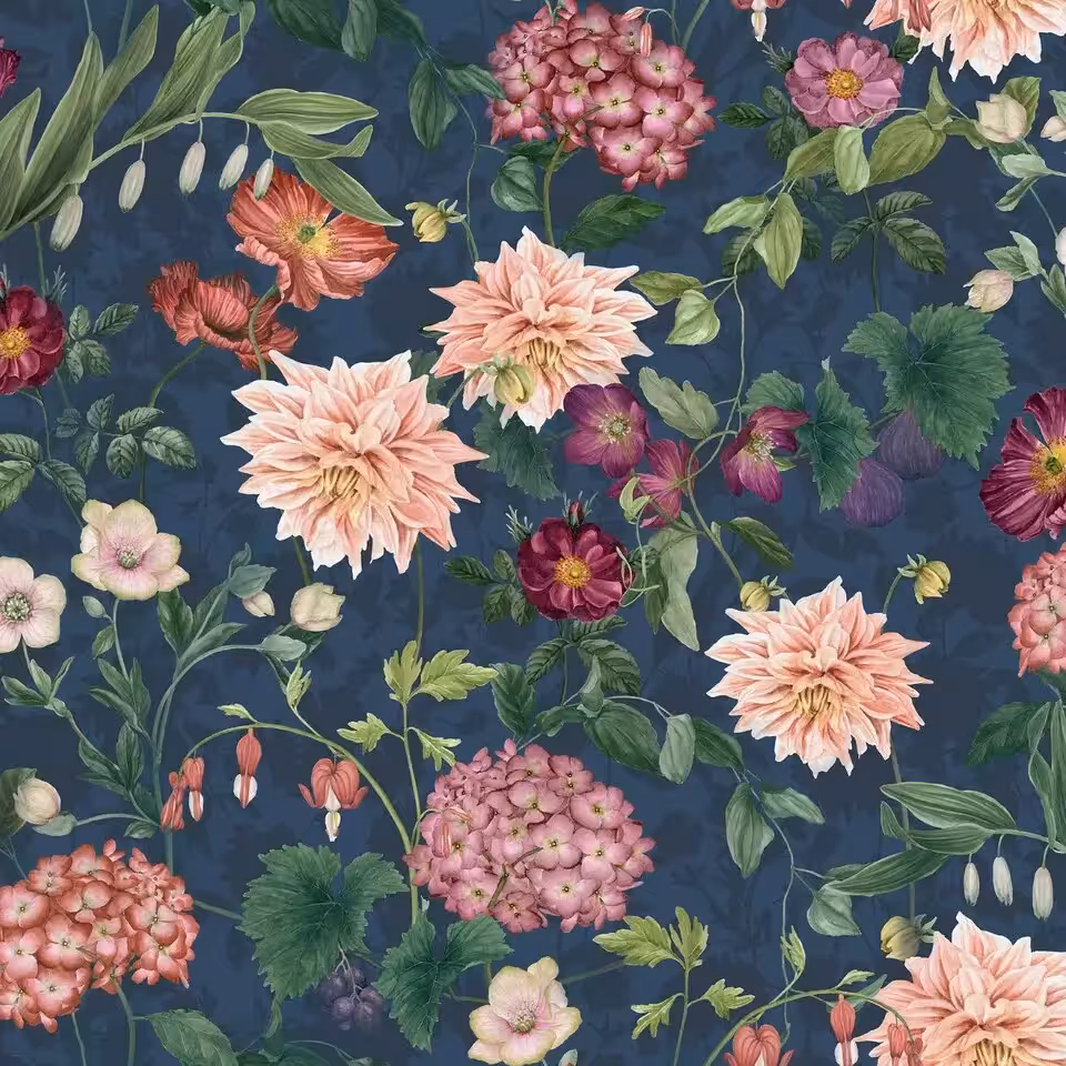 Farbmuster Ophelia blau mit buntem Blumenmuster