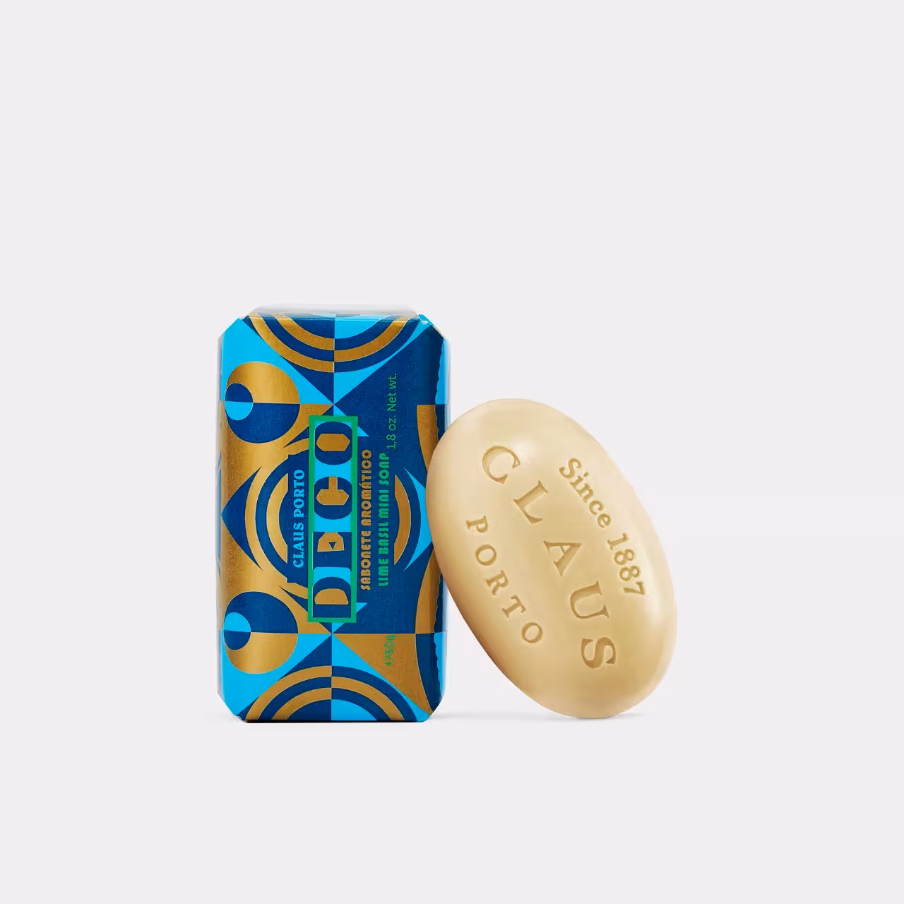 Seife Deco Verpackung blau türkis gold mit beigem Seifenstück