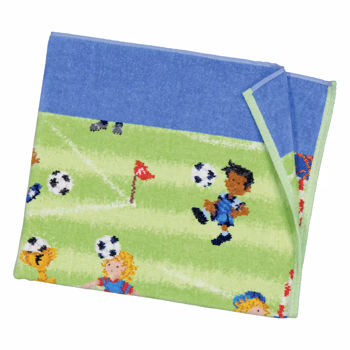 Chenilletuch Soccer grün und blau mit Fußballmotiv gefaltet