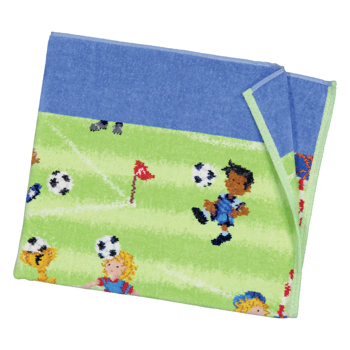 Chenilletuch Soccer grün und blau mit Fußballmotiv gefaltet