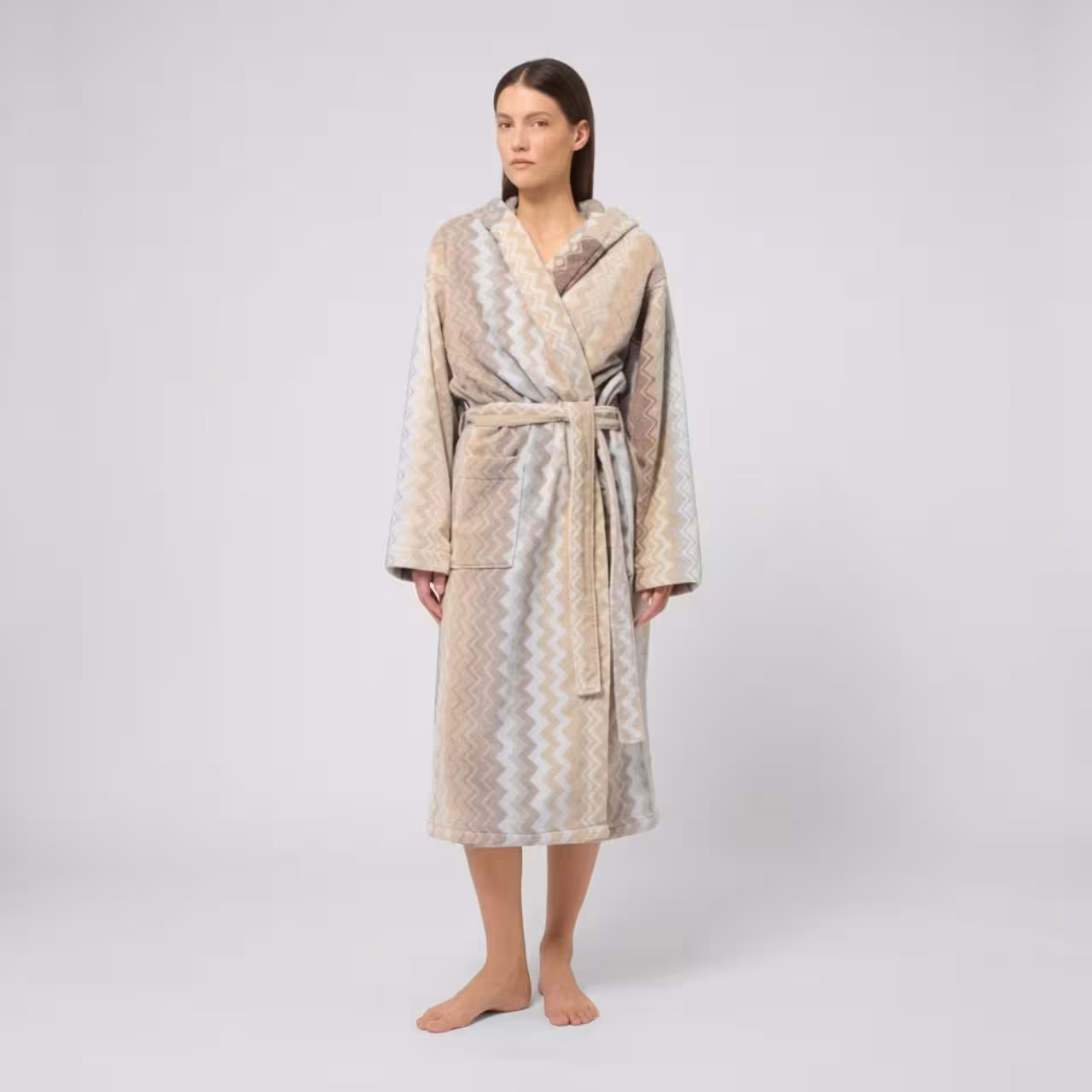 Bademantel, Zigzag-Muster, Frottee, Beige, Gürtel, 
