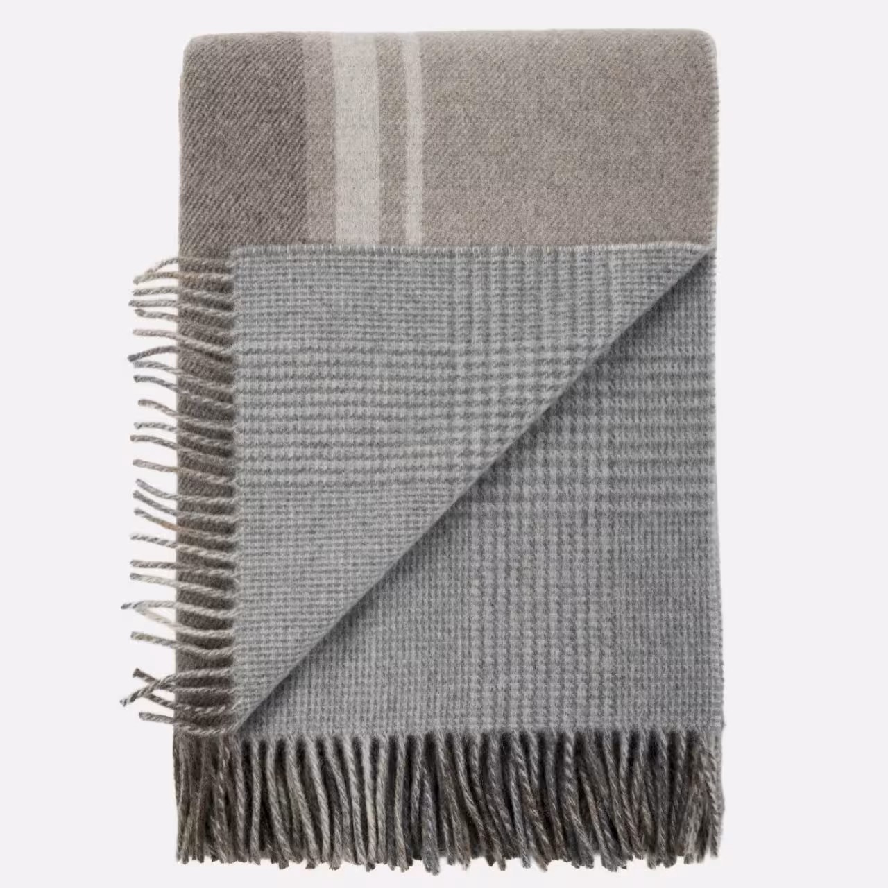Wolldecke, Grau, Karomuster, Fransen, Gestreift, 