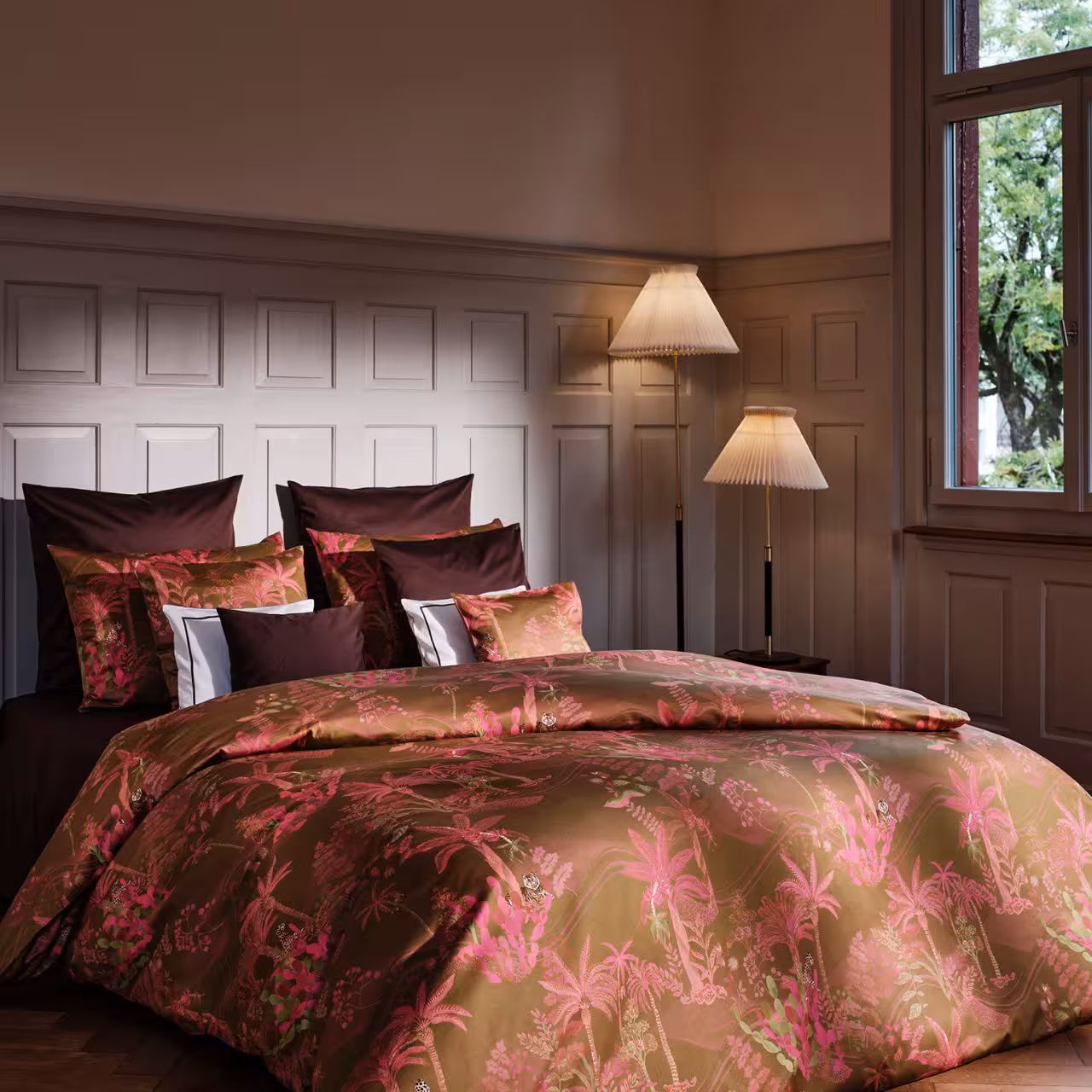Bettwäsche, Palmenmuster, Palmendesign, Kissen, Bettbezug, Bettwäsche Oasis in senf/pink von Christian Fischbacher - Lifestyle