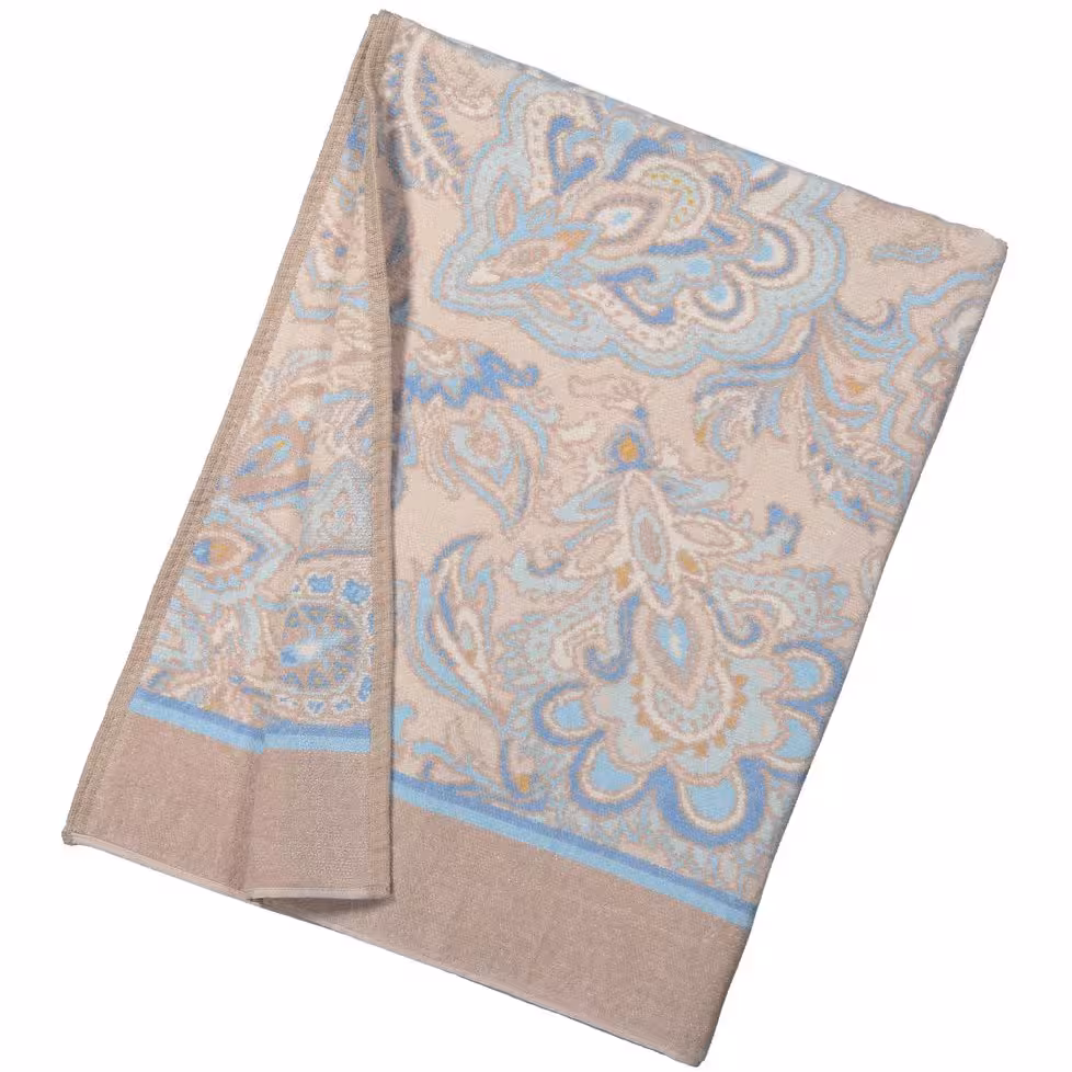 Chenilletuch beige mit blauem Paisley gefaltet