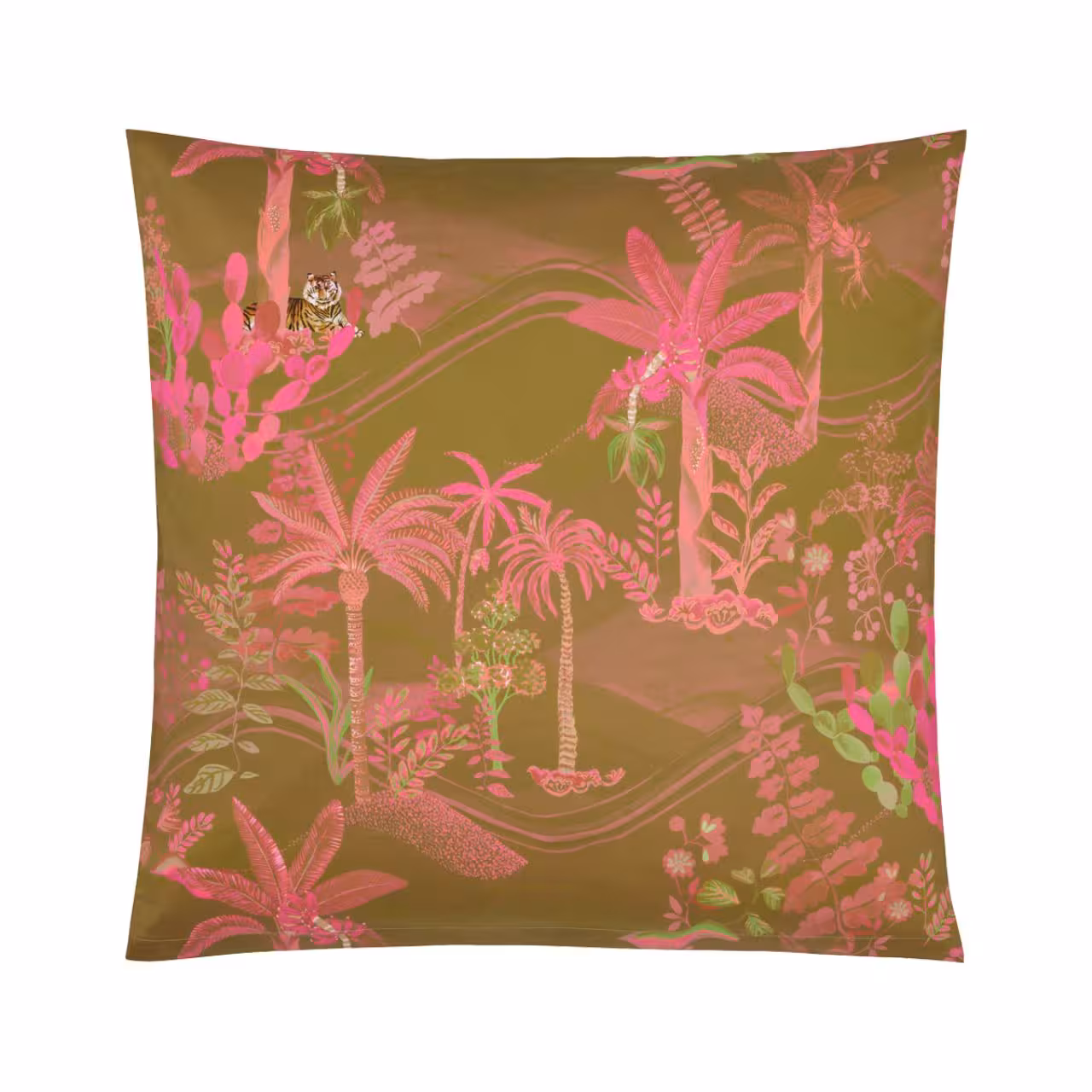 Kissenbezug, Tropisches Muster, Palmen, Rosenholz, Pink-Grün Kontrast, Bettwäsche Oasis in senf/pink von Christian Fischbacher - Kopfkissenbezug