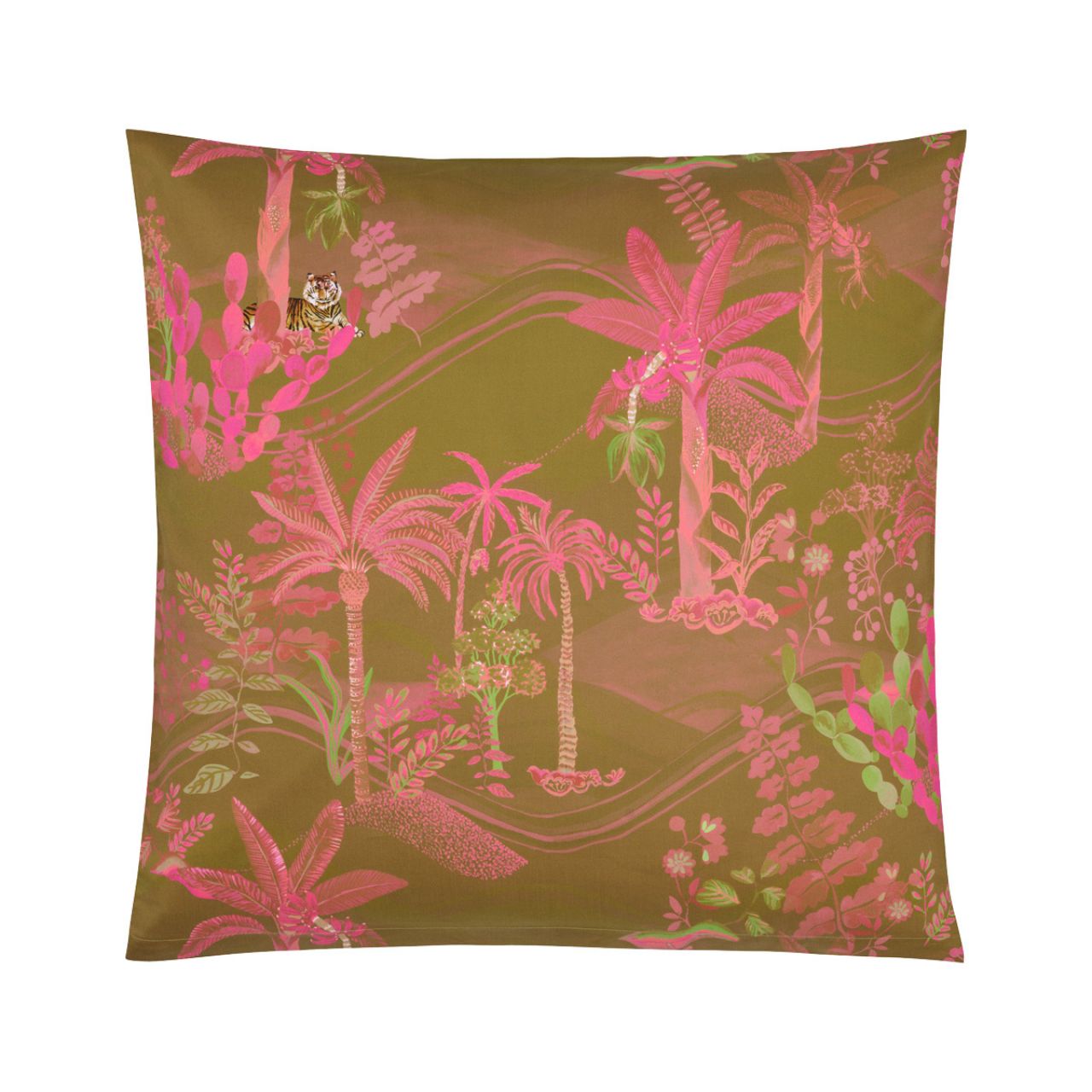 Kissenbezug, Tropisches Muster, Palmen, Rosenholz, Pink-Grün Kontrast, Bettwäsche Oasis in senf/pink von Christian Fischbacher - Kopfkissenbezug